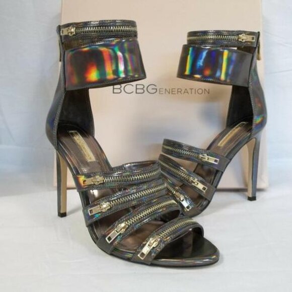 NEW IN BOX BCBGeneration Hologram Black Casey Heels Sandals NEW 6.5 - Picture 1 of 7
